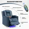 Tugitool massaaži ja LED valgustusega, reguleeritav | E-pood Tootemaailm Sinine tugitool massaaži ja LED valgustusega, reguleeritav, kõrgendatud seljatoega, laiemate käetugedega, istun mugavalt lamavas asendis. Kaugjuhtimispult ja soojenduse sümbolid, tähistatud tekstiga ergonoomilised tsoonid.