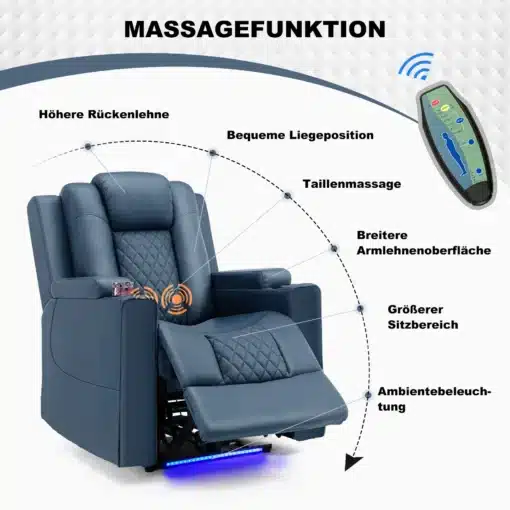 Tugitool massaaži ja LED valgustusega, reguleeritav | E-pood Tootemaailm Sinine tugitool massaaži ja LED valgustusega, reguleeritav, kõrgendatud seljatoega, laiemate käetugedega, istun mugavalt lamavas asendis. Kaugjuhtimispult ja soojenduse sümbolid, tähistatud tekstiga ergonoomilised tsoonid.