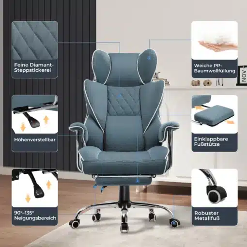 Kontoritool ergonoomiline lai seljatugi taskuvedrudega | E-pood Tootemaailm Kontoritool ergonoomiline lai seljatugi taskuvedrudega, sinine kangas, metallist jalad ratastel, kokkupandava jalatoega, reguleeritav kõrgus. Taustaks heledam kapp ja tumedad vertikaalsed paneelid.