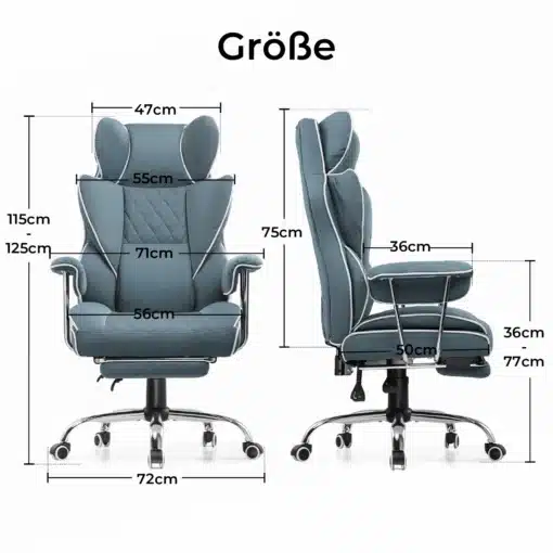 Kontoritool ergonoomiline lai seljatugi taskuvedrudega | E-pood Tootemaailm Kontoritool ergonoomiline lai seljatugi taskuvedrudega sinises toonis, metallist jalad ja rattad, mõõtudega märgitud iga osa kõrgusest ja laiusest, mille taust on valge.