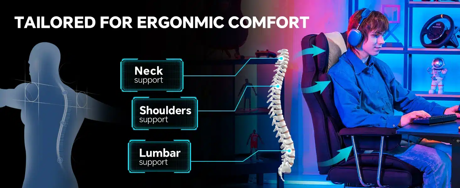 Kontoritool ergonoomiline lai seljatugi taskuvedrudega, sinise varjundiga toa taustal. Inimene toolil arvuti ees, kuvatud selgrootoe diagramm koos kaela, õlgade ja nimme toetusega.