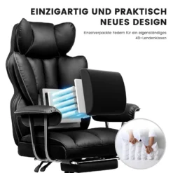 Mugav ja kvaliteetne ergonoomiline kontoritool jalatoega, musta nahataolise materjaliga, mugav lülisamba toetav seljatugi ja täiendav jalgade tugi, puitlaastplaadist põhimikuga, ideaalne kaasaegse kontorisse.