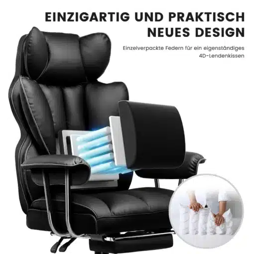 Mugav ja kvaliteetne ergonoomiline kontoritool jalatoega | E-pood Tootemaailm Mugav ja kvaliteetne ergonoomiline kontoritool jalatoega, musta nahataolise materjaliga, mugav lülisamba toetav seljatugi ja täiendav jalgade tugi, puitlaastplaadist põhimikuga, ideaalne kaasaegse kontorisse.
