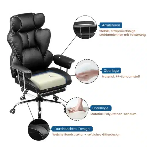 Mugav ja kvaliteetne ergonoomiline kontoritool jalatoega | E-pood Tootemaailm Mugav ja kvaliteetne ergonoomiline kontoritool jalatoega, mustast nahast polsterduse, terasraamiga käetugede ja pehme polüuretaanist istmega, detailide seas jalatugi ja seljatugi.