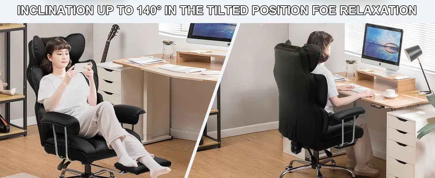 Kaasaegne ergonoomiline kontoritool jalatoega kodukontoris. Tool on musta värvi, pehme polsterdusega ja kallutatav 140 kraadi, pakkudes mugavust ja toetust. Taustal neutraalsed seinad ja aknast sisse langev päevavalgus lisavad ruumile avarust.