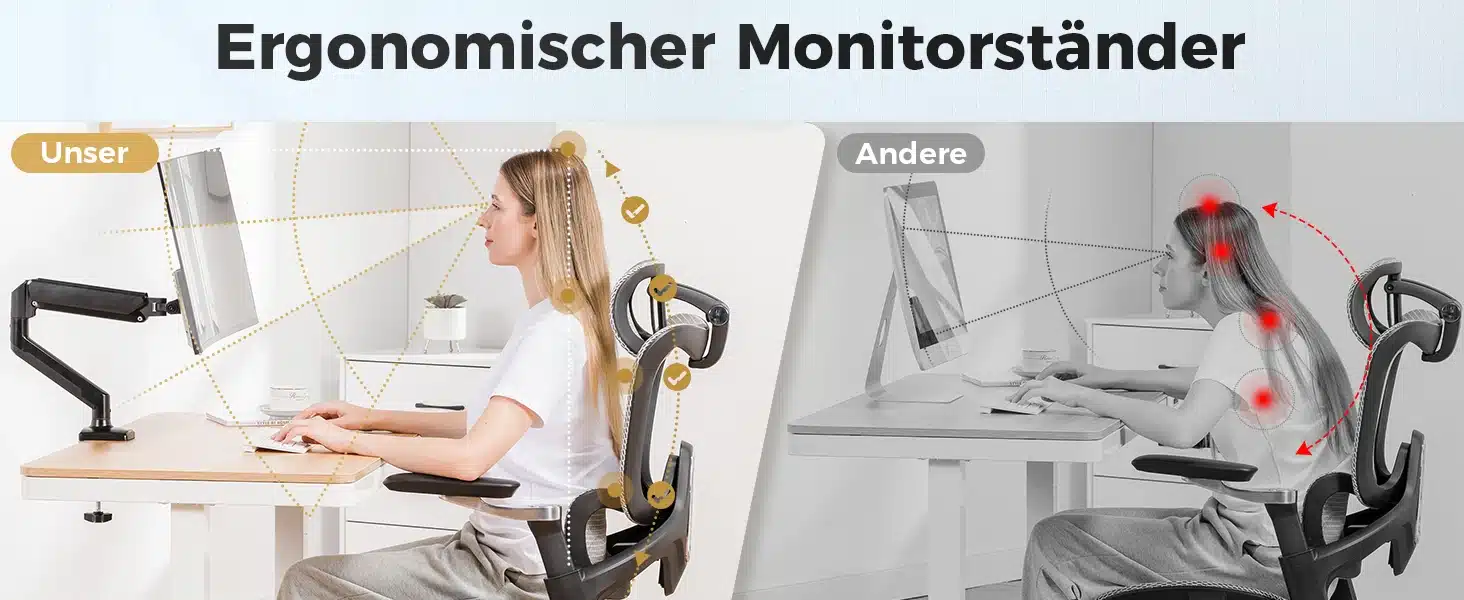 Naine istub ergonoomilises asendis tänu reguleeritavale monitorihoidikule, mis toetab 13–32-tollist ekraani, pakkudes paremat vaatamisnurga ja laua ruumi optimeeerimist.