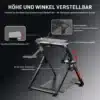 Roolisimulaatori alus reguleeritav kalle PS4 Xbox PC-le | E-pood Tootemaailm Roolisimulaatori alus reguleeritav kalle PS4 Xbox PC-le, kõrguse ja kaldenurga reguleerimise võimalusega. Must metallraam hallil taustal, koos joonistega, mis illustreerivad reguleeritavust.