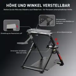 Roolisimulaatori alus reguleeritav kalle PS4 Xbox PC-le, kõrguse ja kaldenurga reguleerimise võimalusega. Must metallraam hallil taustal, koos joonistega, mis illustreerivad reguleeritavust.