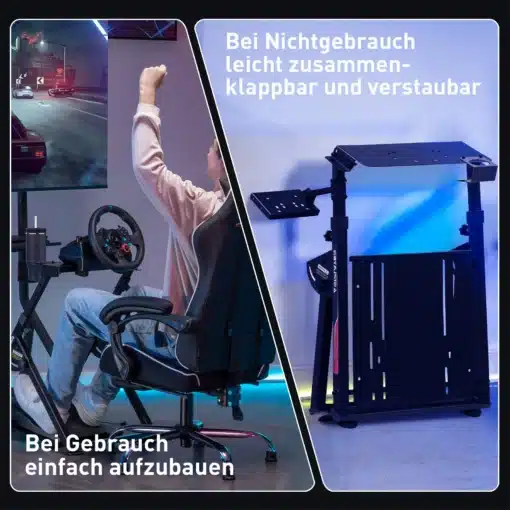 Roolisimulaatori alus reguleeritav kalle PS4 Xbox PC-le | E-pood Tootemaailm Roolisimulaatori alus reguleeritav kalle PS4 Xbox PC-le, millel on must tugev raam, reguleeritavad jalad ja integreeritud rooli ning pedaalide hoidikud. Taustal sinine ja lilla valgus.