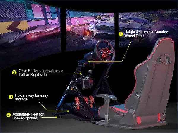 Roolisimulaatori alus reguleeritav kalle PS4 Xbox PC-le koos rooli ja pedaalidega kõrge kvaliteediga mustal ja punasel toolil, mitmel ekraanil taustal võidusõidumäng.