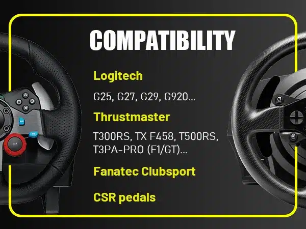 Kaks roolisimulaatorit koos loetletud ühilduvate roolimudelite ja pedaalidega Logitech, Thrustmaster ja Fanatec firmadelt, mustal taustal.