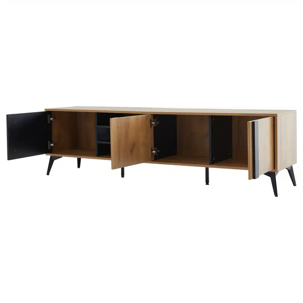 TV-alus tume puit rattanustega, 180 cm, 4 sahtlit, avatud ustega, mustad metallist jalad, minimalistlik disain.
