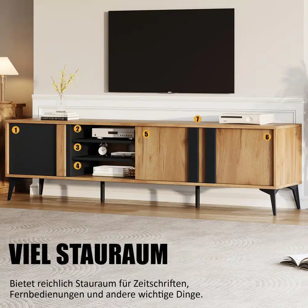 TV-alus tume puit rattanustega, 180 cm lai, nelja sahtliga. Sellel on elegantne ja avar disain, sobib ideaalselt avarasse elutuppa. Tume puit koos rotangist uste ja mustade metallist jalgadega loob stiilse ning praktilise mööblieseme.