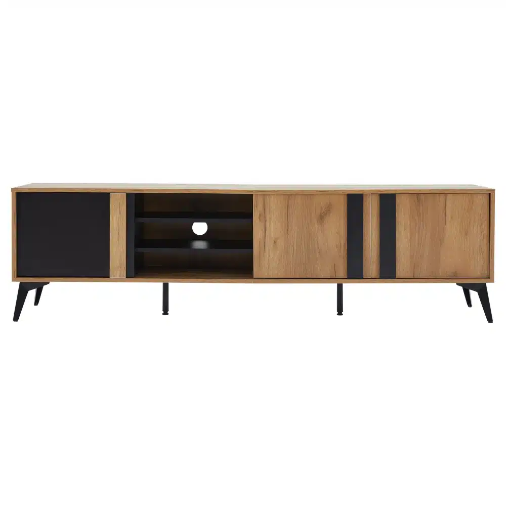 TV-alus tume puit rattanustega, 180 cm, 4 sahtlit, helepruun viimistlus, mustad jalad ja minimalistliku disainiga ruumiline taust.