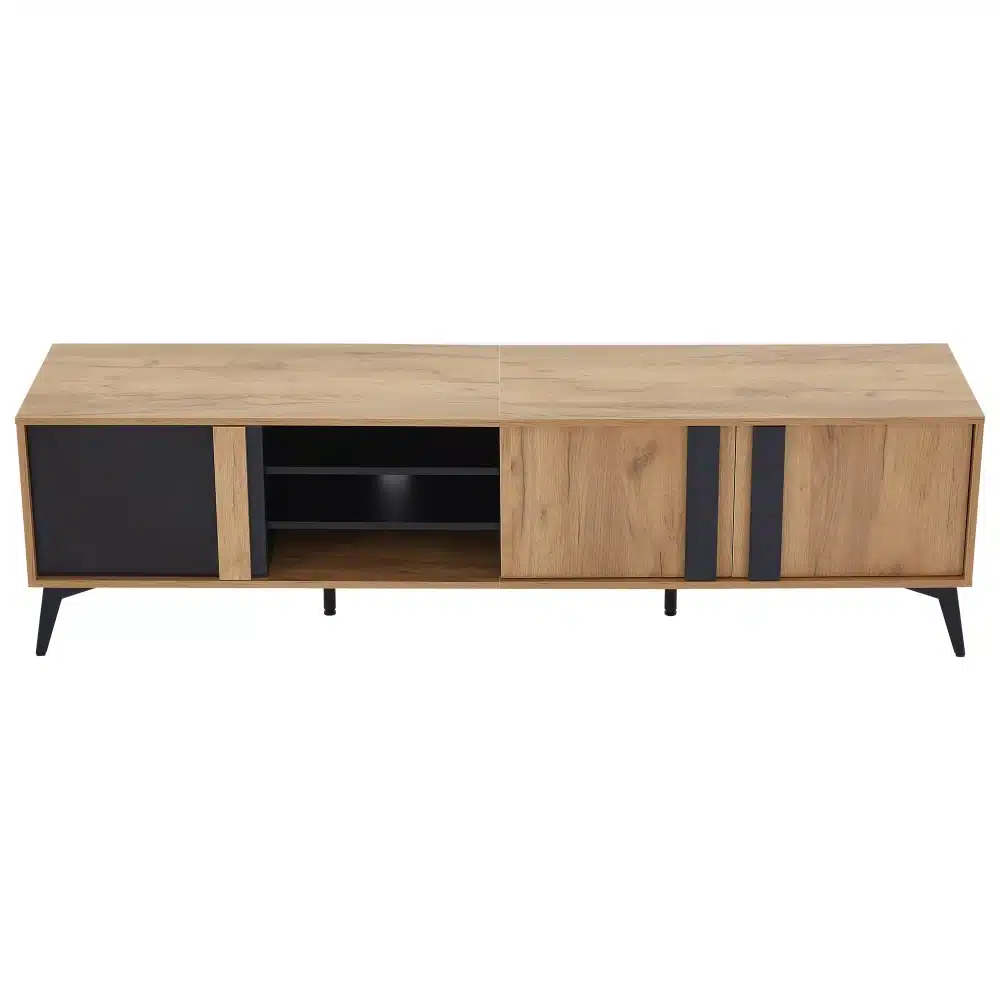 TV-alus tume puit rattanustega, 180 cm, 4 sahtlit. Stiilne kaasaegne mööbliese, valmistatud tumedast puidust ja elegantsetest rattan-uste detailidest. Alusel on neli ruumikat sahtlit ning see seisab mustadel metalljalgadel.