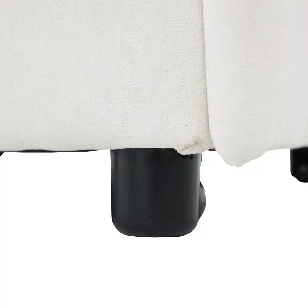 Diivanvoodi reguleeritava seljatoega, hall/valge, mustadest plastjalgadest lähivaade heledal taustal.