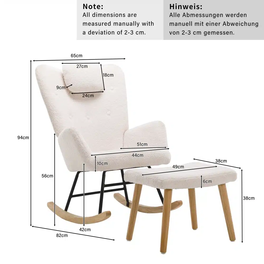 Armas kiktool jalatoega, kreemikas kangas ja puidust detailid, joonistega mõõtmed, minimalistlik ja modernne disain.