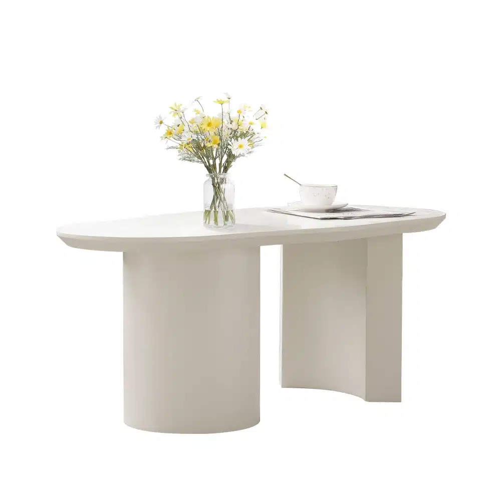 Kohvilaud valge MDF-ga, 100 cm, kaarja disainiga, millel on lillevaas ja ajakiri. Laud seisab heledal taustal, rõhutades selle modernset elegantsi.