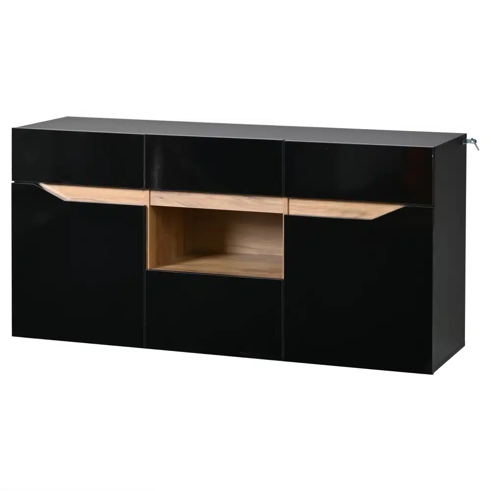 Must kõrgläikega kummut LED valgustusega, millel on neli ust ja mõõtmed 140x40x70 cm. Kummuti esipaneelid peegeldavad elegantselt valgust ja loovad kaasaegse väljanägemise, sobitudes ideaalselt elutoa sisustusse.