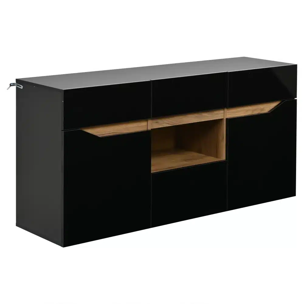 Must kõrgläikega kummut, millel on neli ust ja LED valgustus. Kummut mõõtmetega 140x40x70 cm sobib elutoa sisekujunduseks, pakkudes stiilset ja funktsionaalset panipaika.