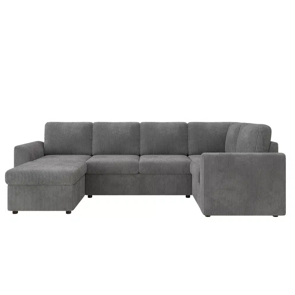 Hall sametist nurgadiivan koos käetugedega ja tumba elutoas, minimalistlik ja kaasaegne disain.