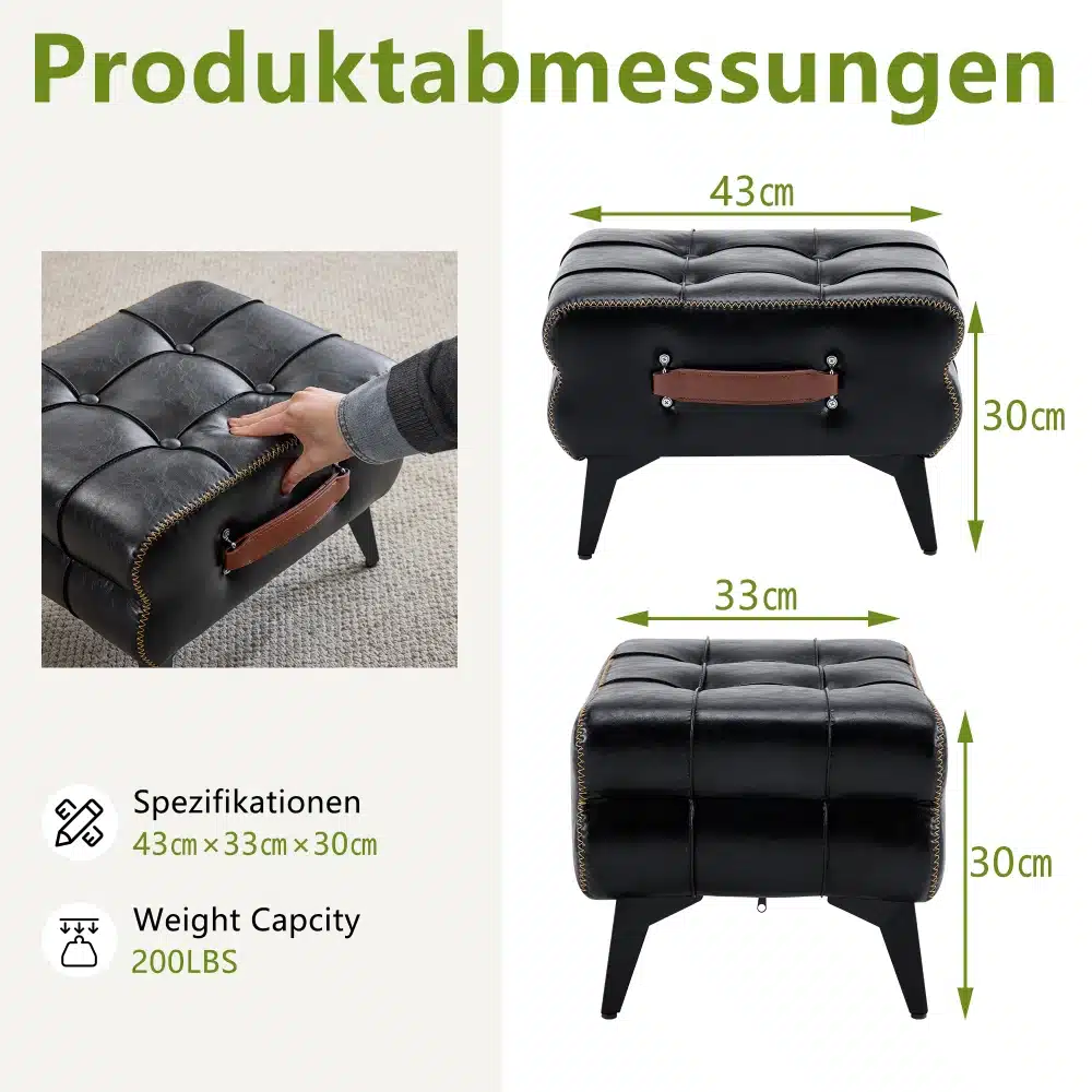 Jalatugi mustast nahast metalljalgadega elutuppa, mille mõõdud on 43x33x30 cm. Stiilne nahk ja tugevad metalljalad sobivad elutoa sisustusse. Käepärase nahast sangaga. Taustal hele vaip.