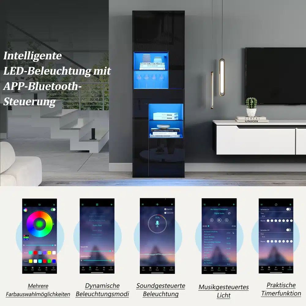 Stiilne vitriinkapp LED-valgustusega, must kõrgläige ja klaasustega elutoas, millel on sinine valgustus. Kapi kõrval on moodne teler ja valge kapp. Taustal on trepp ja stiilne ripplamp.