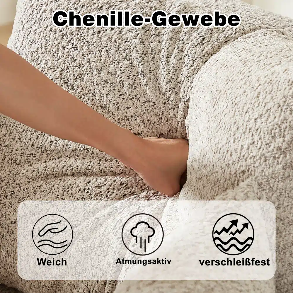 Nurgadiivan chenille kangast, mille tekstuur on käega katsuda pehme ja vastupidav. Diivan on beeži värviga, millel on nähtav chenille-kanga tihe kude, pakkudes mugavust ja elegantsust elutuppa.