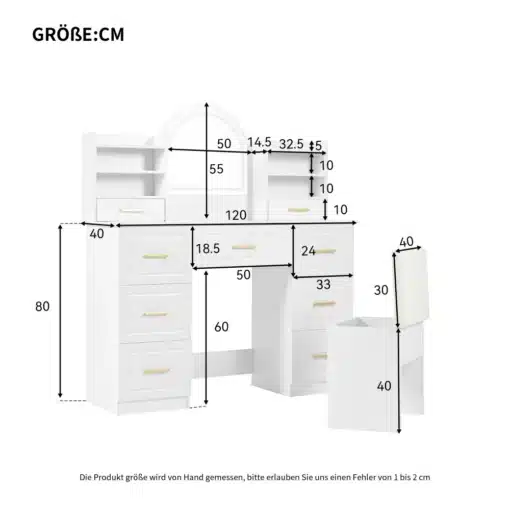 Meigilaua komplekt LED peegliga ja mitme sahtliga | E-pood Tootemaailm Valge Meigilaua komplekt LED peegliga ja mitme sahtliga. Laud on varustatud ruumika peegliga, mille ümber on LED tuled. Erineva suurusega sahtlid ja avatud riiulid pakuvad rohkelt hoiuruumi. Tool on polsterdatud ja mugav istumiseks. Taustal on nähtav mõõdud sentimeetrites.