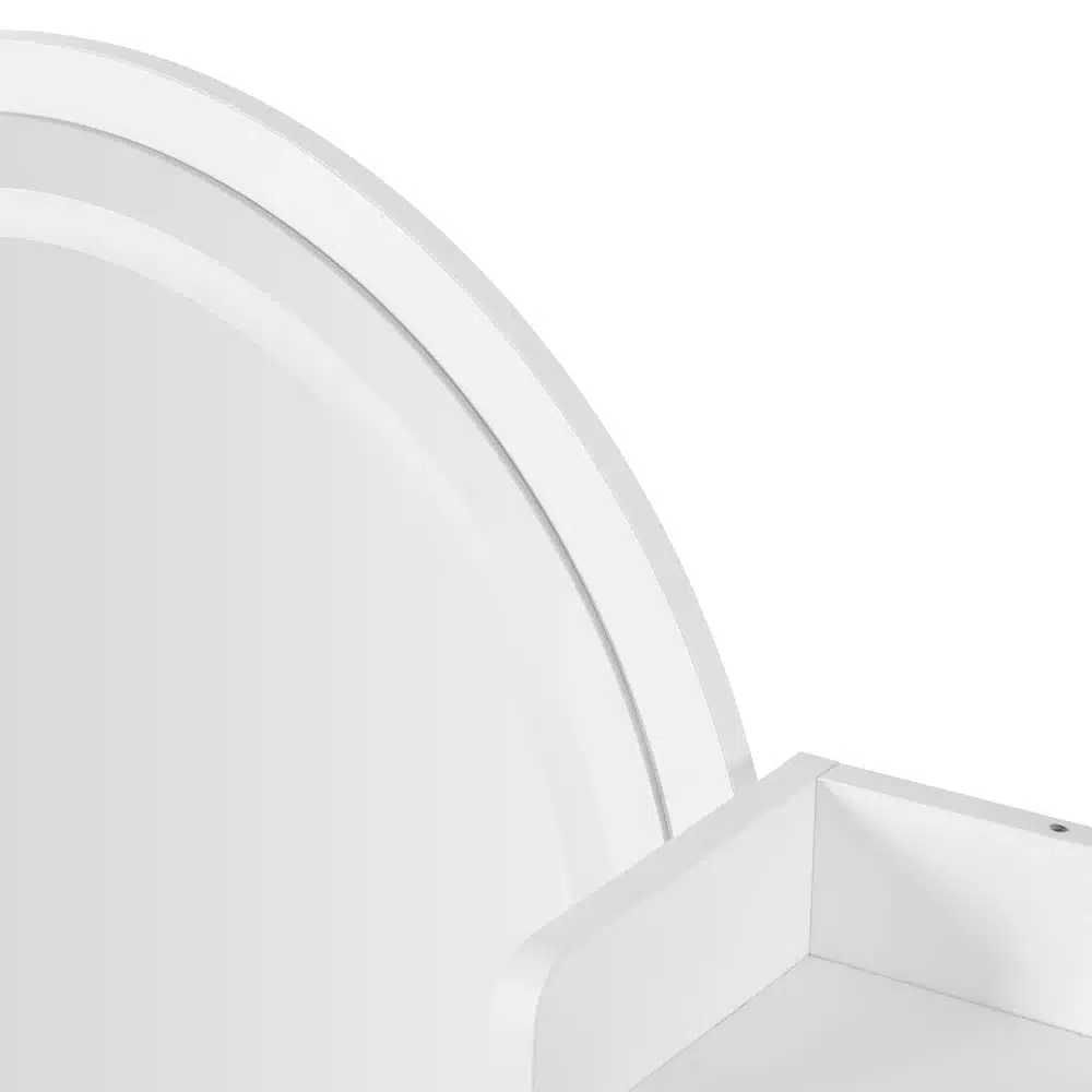 Valge meigilaua komplekti LED peegel, millel on voolujooneline, minimalistlik disain ja elegantne viimistlus, paistmas detailidest koos mitme sahtliga riiul.