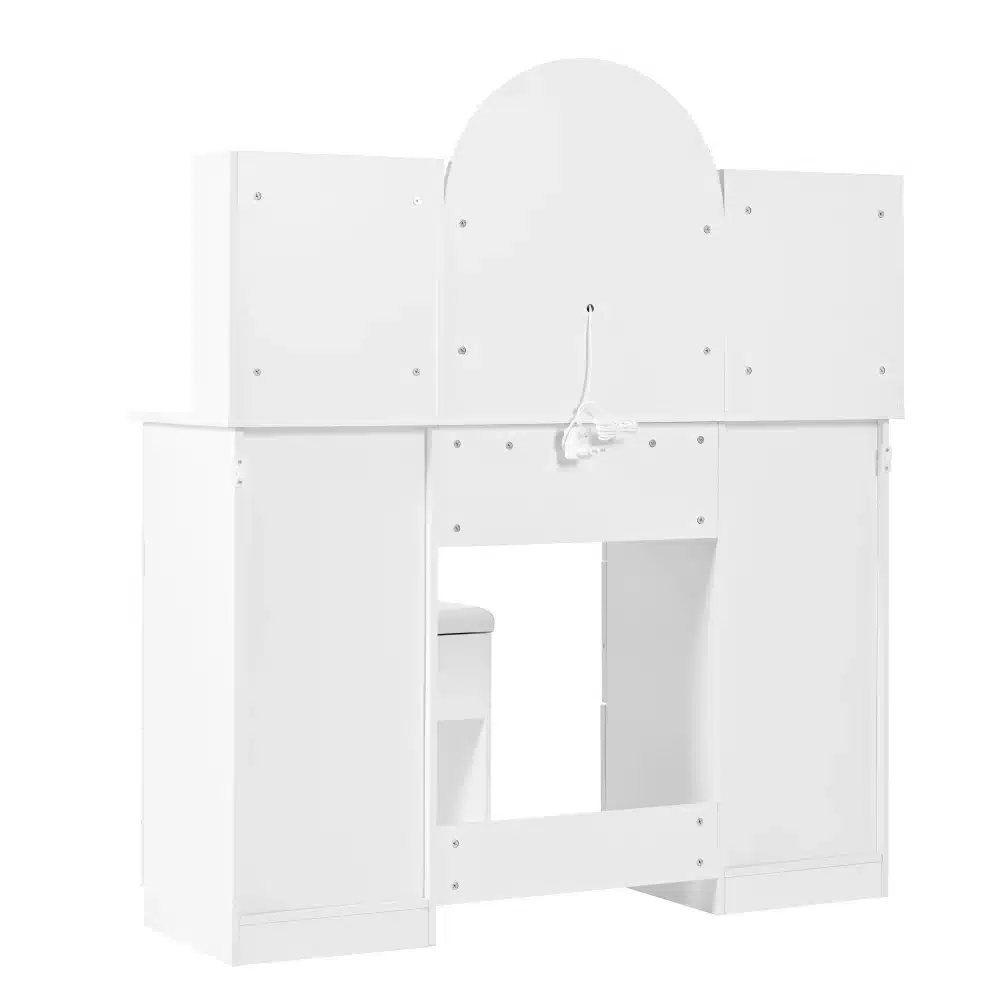 Valge meigilaua komplekt, millel on integreeritud LED peegel ja mitu sahtlit, minimalistliku disainiga.