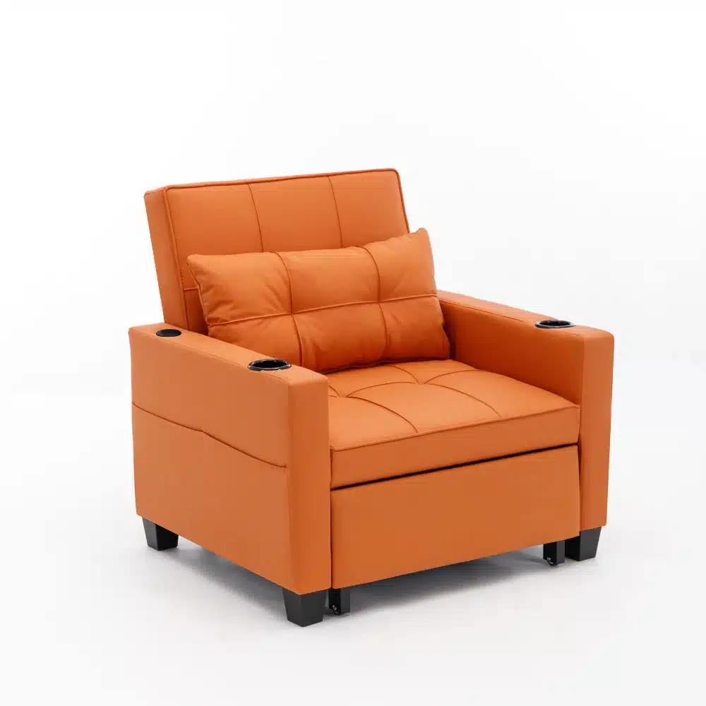 Oranž diivanvoodi USB-pesaga ja topsihoidjatega, väikesesse ruumi sobiv, modernse disainiga ja mugava polstriga. Ideaalne, et lisada funktsionaalsust ja stiili igasse kodu interjööri.