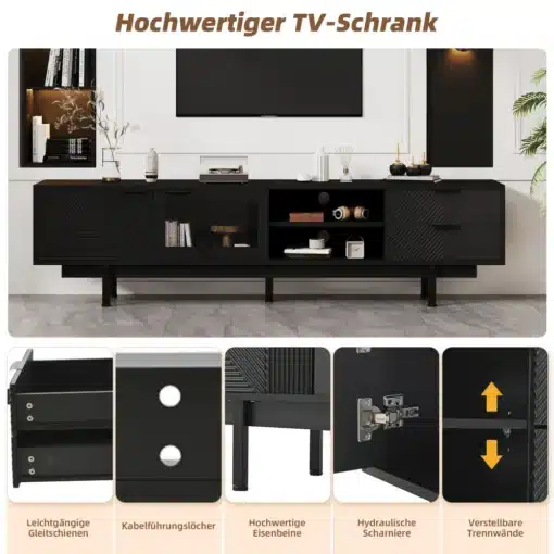 Tv-alus must minimalistlik 200x40x50,5cm, 2 sahtlit | E-pood Tootemaailm Must minimalistlik TV-alus mõõtmetega 200x40x50,5cm, millel on kaks sahtlit ja mitu avatud riiulit, asetatud heledale elutoa põrandale. Stiilne, kaasaegne disain sobib erinevate interjööridega. Aluse jalad pakuvad stabiilsust ja tugevust.