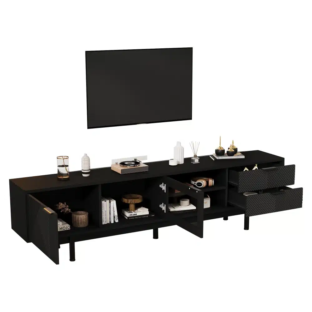 Must minimalistlik TV-alus mõõtmetega 200x40x50,5 cm, millel on kaks sahtlit ja avatud riiulid, asub kergel puidust jalal. Alusel on stiilne disain ning see on kaetud elegantse musta viimistlusega, mis sobib ideaalselt kaasaegsesse elutuppa.
