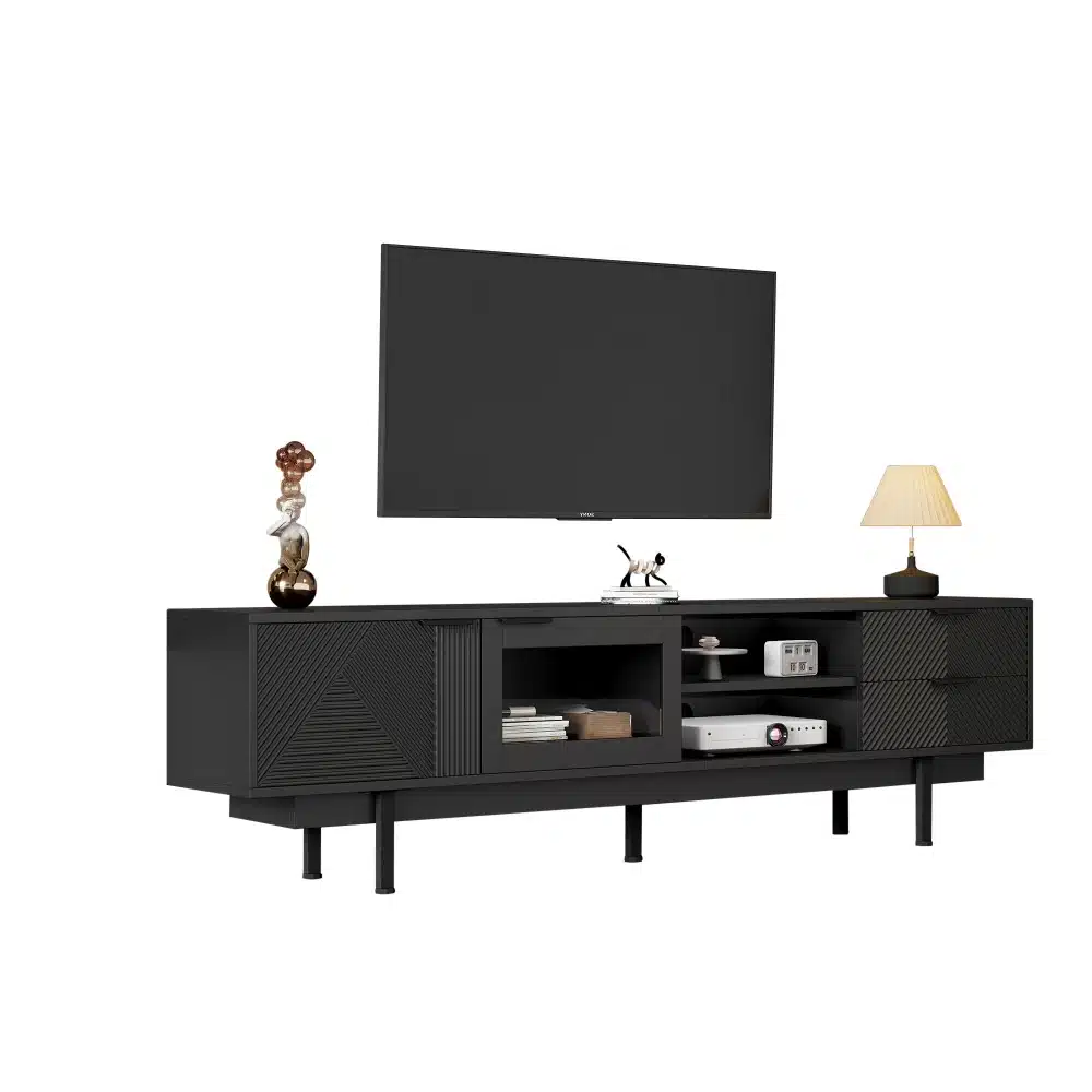 Must, minimalistlik TV-alus mõõtmetega 200x40x50,5cm, millel on kaks sahtlit. Pildil on näha kaunistatud pind, millel on dekoratiivsed esemed, näiteks lamp ja vaas. Taust on valge, rõhutades aluse elegantseid jooni.
