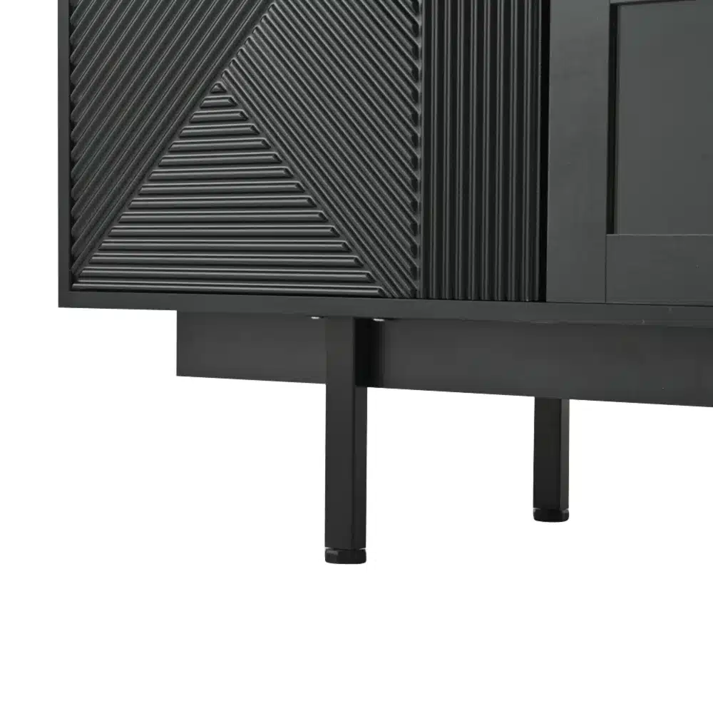 Lähivõte mustast minimalistlikust TV-alusest, mõõtmetega 200x40x50,5cm, millel on kaks sahtlit ja geomeetriline disain esipaneelil, mustal alusel ja neutraalsel taustal.