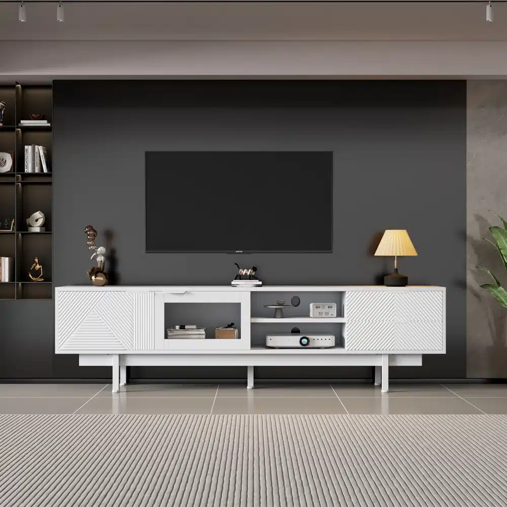 Musta minimalistliku disainiga TV-alus mõõtmetega 200x40x50,5 cm, kahe sahtliga, asetseb stiilses elutoas tumeda seinaga taustal.