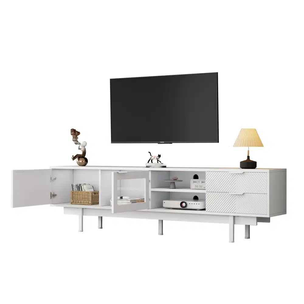 Must minimalistlik Tv-alus mõõtmetega 200x40x50,5cm, millel on kaks sahtlit ja avatud riiulid. Kaasaegne disain sobib elutuppa, täiustades interjööri ning pakkudes praktilist hoiustamisruumi.