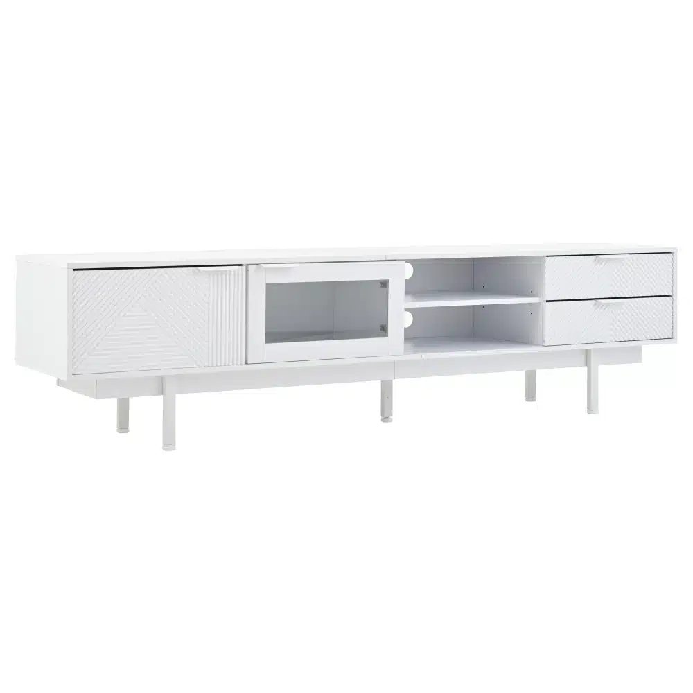 Valge minimalistlik TV-alus mõõtmetega 200x40x50,5 cm, millel on kaks sahtlit ja stiilne klaasuks. Elegantne ja modernne disain sobib igasse elutuppa, pakkudes praktilist ja stiilset lahendust.