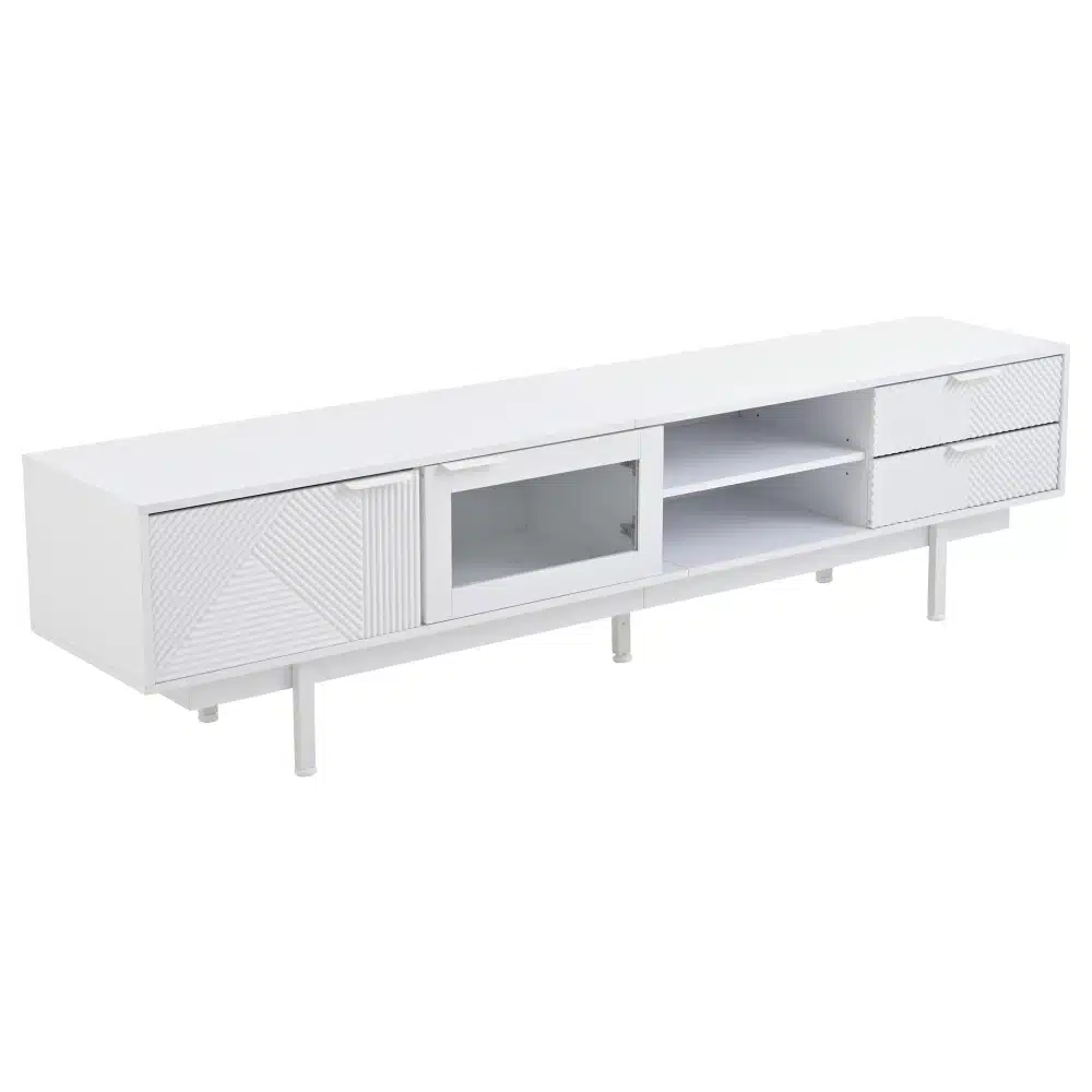 Must minimalistlik TV-alus mõõtmetega 200x40x50,5cm, millel on elegantne sile pind, kaks praktilist sahtlit ja kaasaegne disain. Ideaalne täiendama iga elutoa sisekujundust.