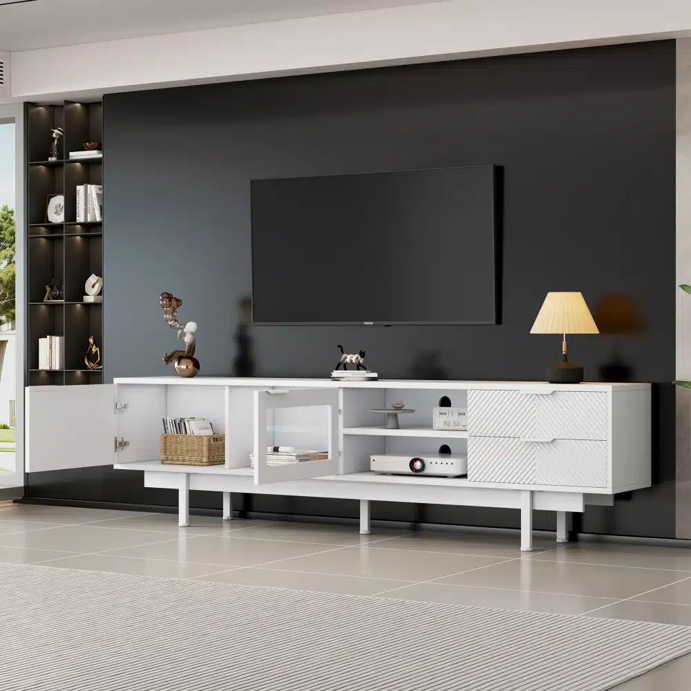 Must minimalistlik Tv-alus mõõtmetega 200x40x50,5 cm, millel on kaks sahtlit. Tv-alus on ruumikas, sobib hästi elutoa modernse sisustuse juurde, pakkudes elegantset ja praktilist lahendust meediaseadmete paigutamiseks.