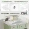 Vannitoakapp keraamilise valamuga, pehmesulguvad sahtlid, heleroheline kapp koos kuldse segistiga valgel keraamilisel valamul, valge puidust taust.