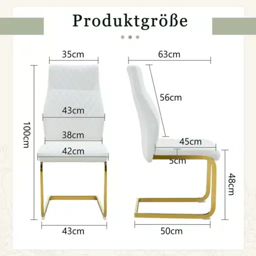 Söögitoolid kõrge seljatoega, valge, kuldne raam, 2 tk | E-pood Tootemaailm Valge kõrge seljatoega söögitool, millel on kuldne raamtugistruktuur. Esitatud on tooli mõõtmed, sealhulgas seljatoe ja istme kõrgus ning laius.
