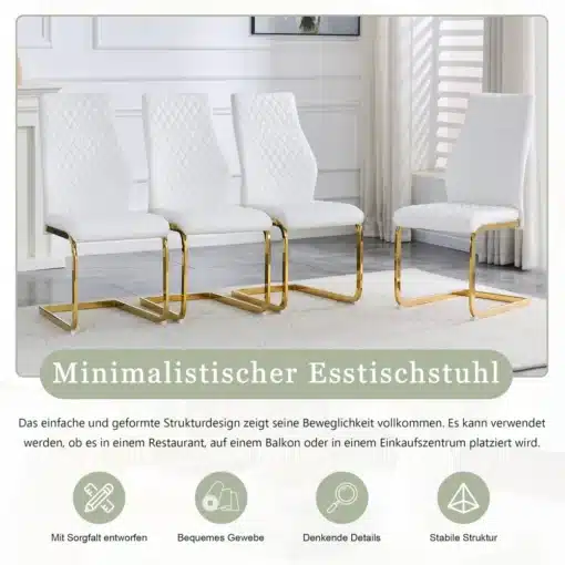 Söögitoolid kõrge seljatoega, valge, kuldne raam, 2 tk | E-pood Tootemaailm Neli valget söögitooli kõrge seljatoega ja kuldse raamiga kaasaegses interjööris. Toolid on paigutatud heledale põrandale valgusküllases ruumis.