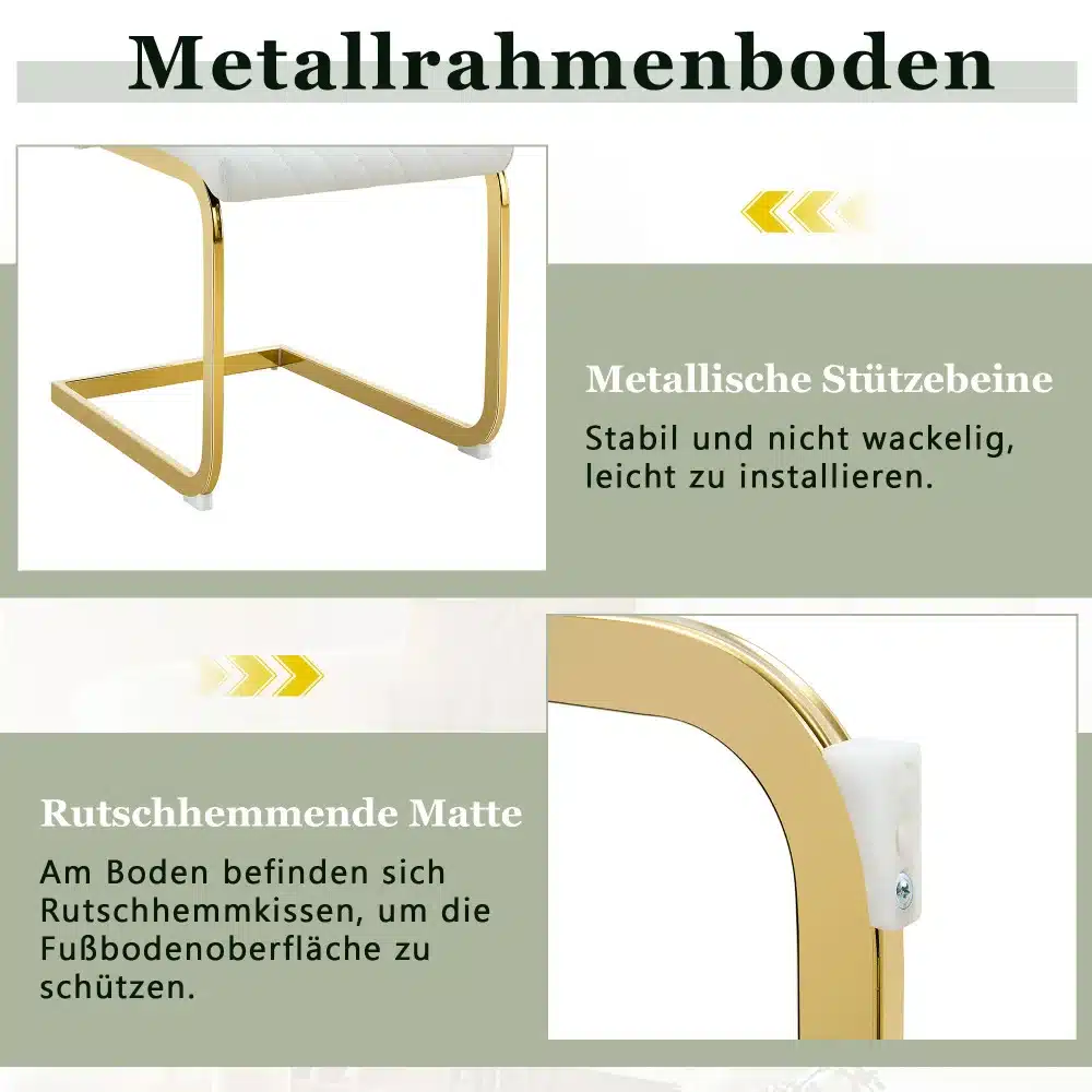 Kaks elegantset söögitooli, millel on kõrge seljatugi ehitatud valgest materjalist, ning kuldne metallraam tugevdab konstruktsiooni ja annab luksusliku ilme.