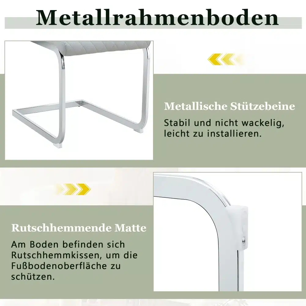 Metallraamiga kõrge seljatoega söögitool, valge istumisega ja kuldse raamiga. Kujutisel rõhutatakse tooli metallist tugijalgu ja libisemisvastaseid matte, mis pakuvad stabiilsust.