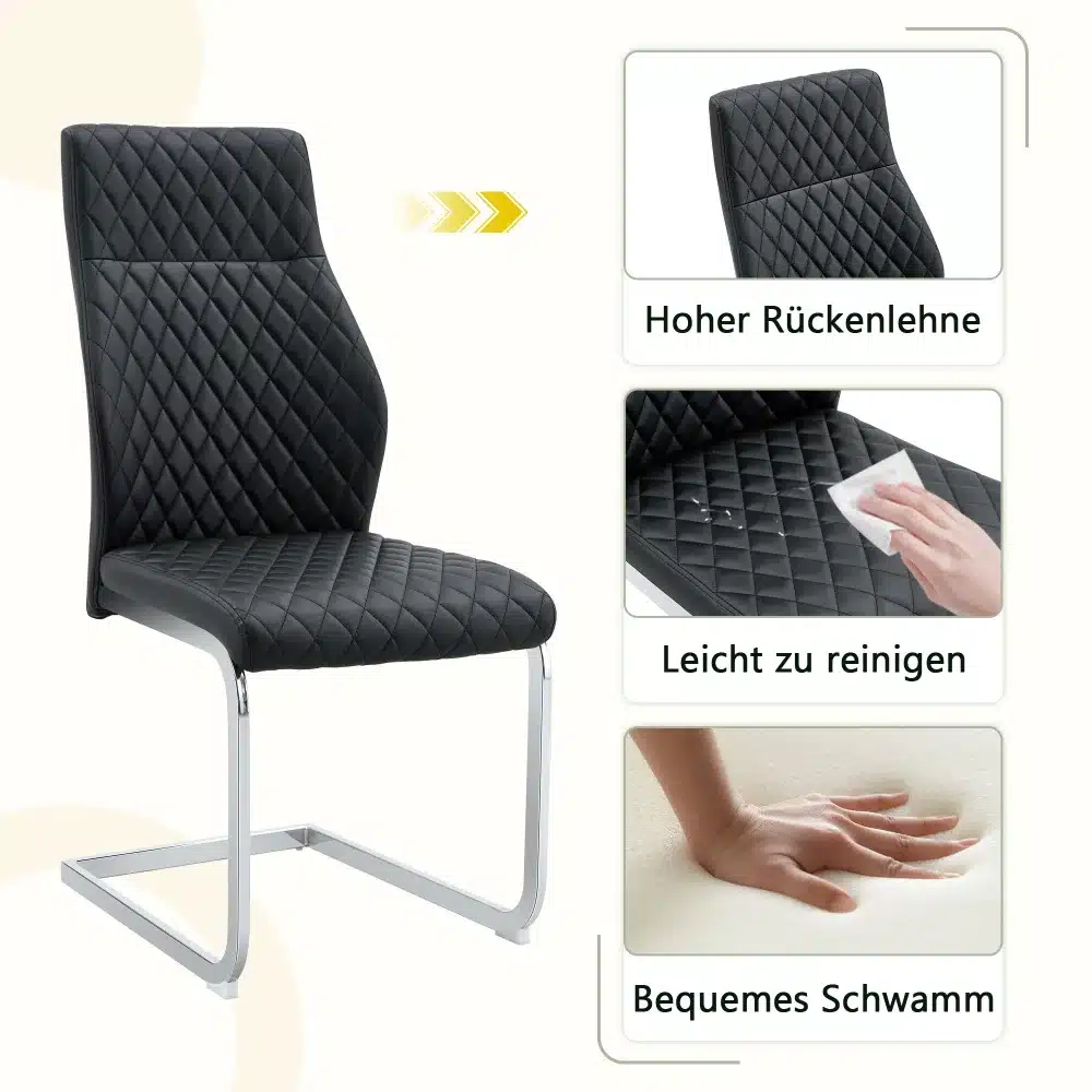 Stiilsed söögitoolid kõrge seljatoega, mis on musta värvi ning kuldse raamiga. Elegantsed õmblused loovad atraktiivse välimuse ning kindla istumismugavuse. Taustal on hele sein, mis toob esile toolide luksuslikkuse.