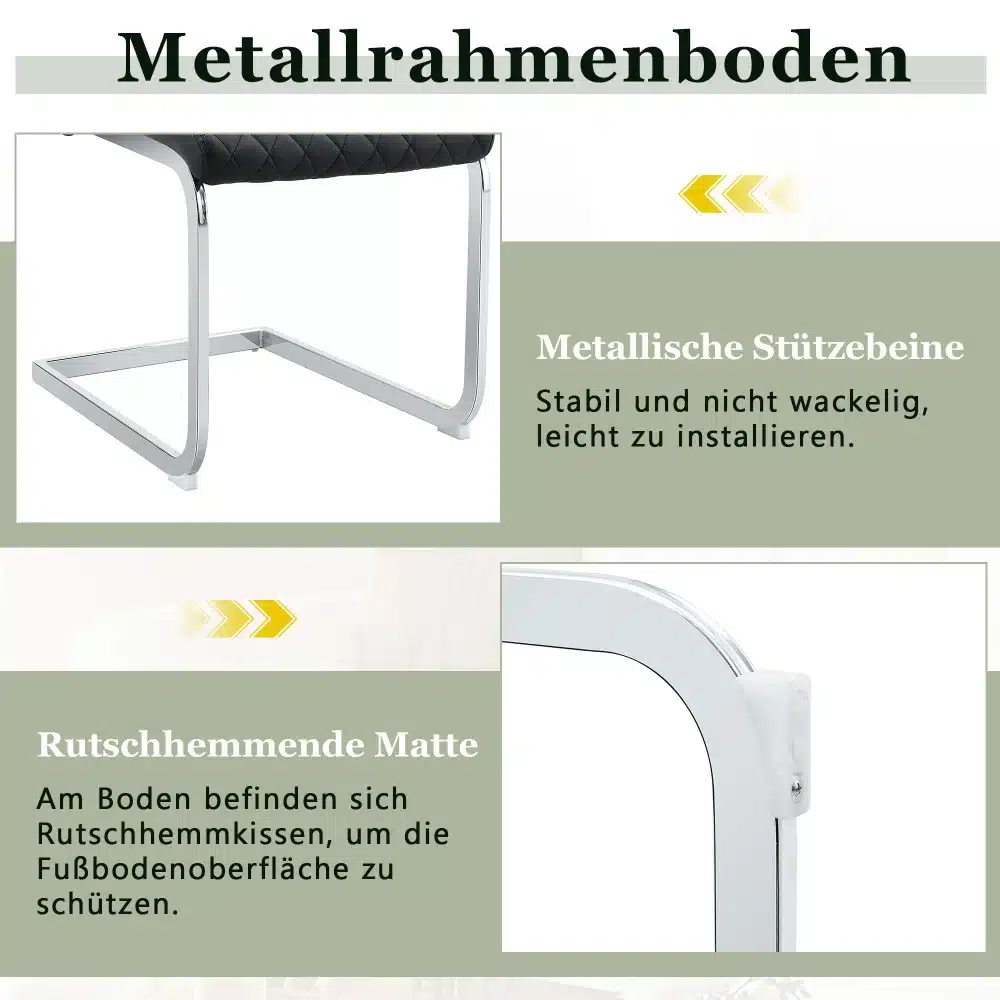 Söögitoolide komplekt koosneb kahest toolist kõrge seljatoega. Toolidel on valget värvi istmed ja kuldne raam, mis toetub metallist tugijalgadele. Pildil on esitatud ka libisemisvastased padjad, et kaitsta põrandapinda.