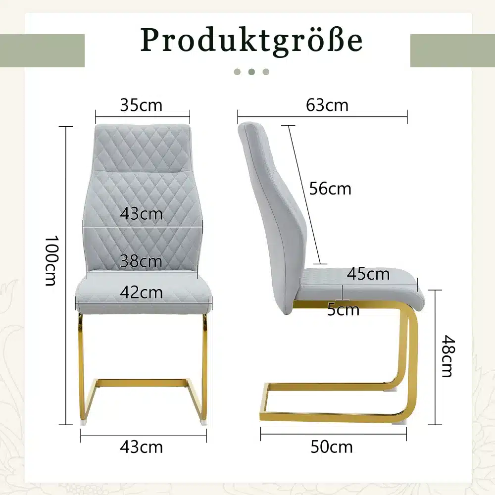 Kaks kõrge seljatoega söögitooli, valge pehme polsterdatud istmega ja kuldse metallraamiga, mõõtmetega illustratsioon valgel taustal.