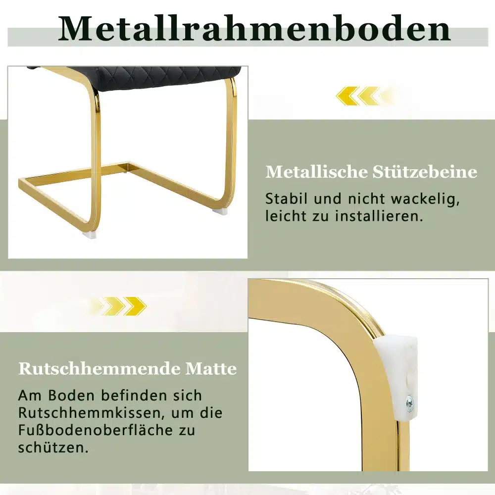 Söögitoolide kuldne raam, mis tagab stabiilsuse ja elegantsi. Valge iste peal, esiplaanil metalljalgadel olev libisemisvastane kate.